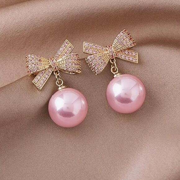 Bow Rhinestone Pearl Earrings - Picture 3 of 5
